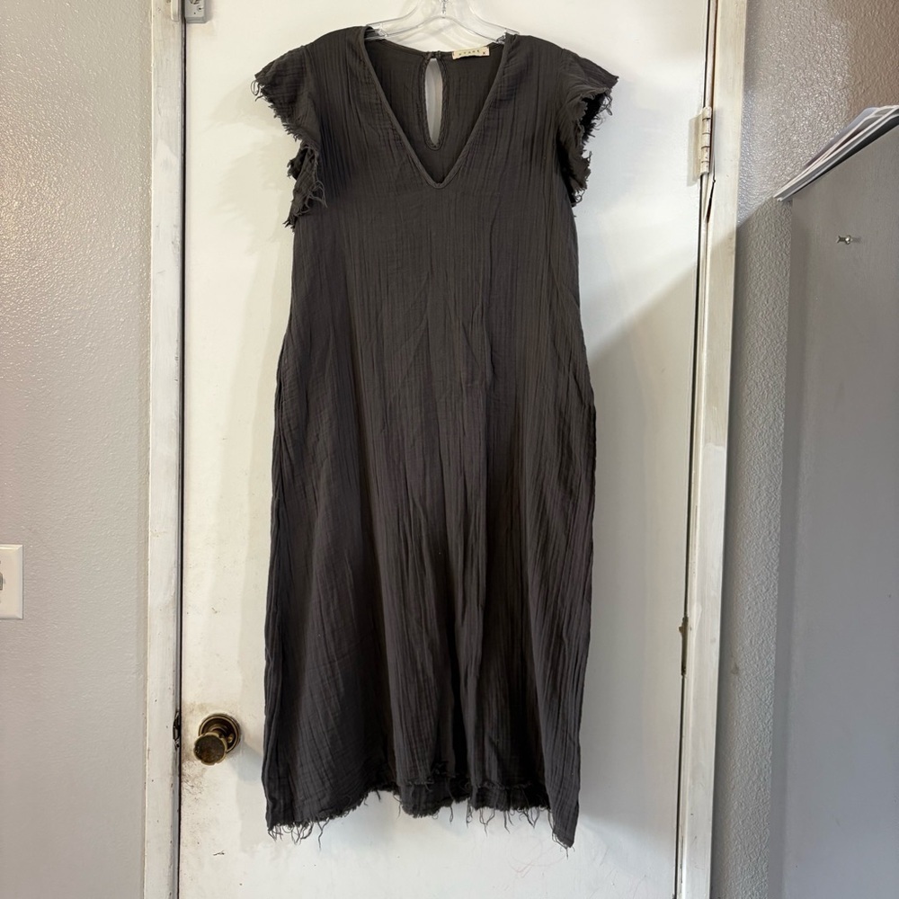 Stark X Gauze Gray Dress Raw Hem Edge Cotton XS V Neck Resort Beach Lightweight
